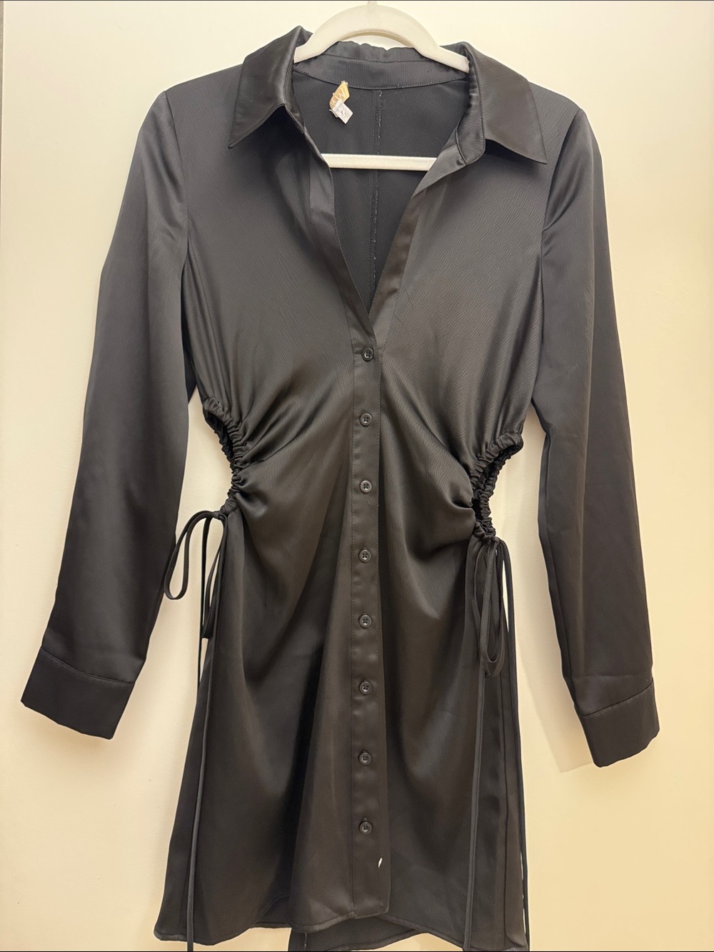 Satin Button-Front Black Shirt Dress with Side Drawstrings